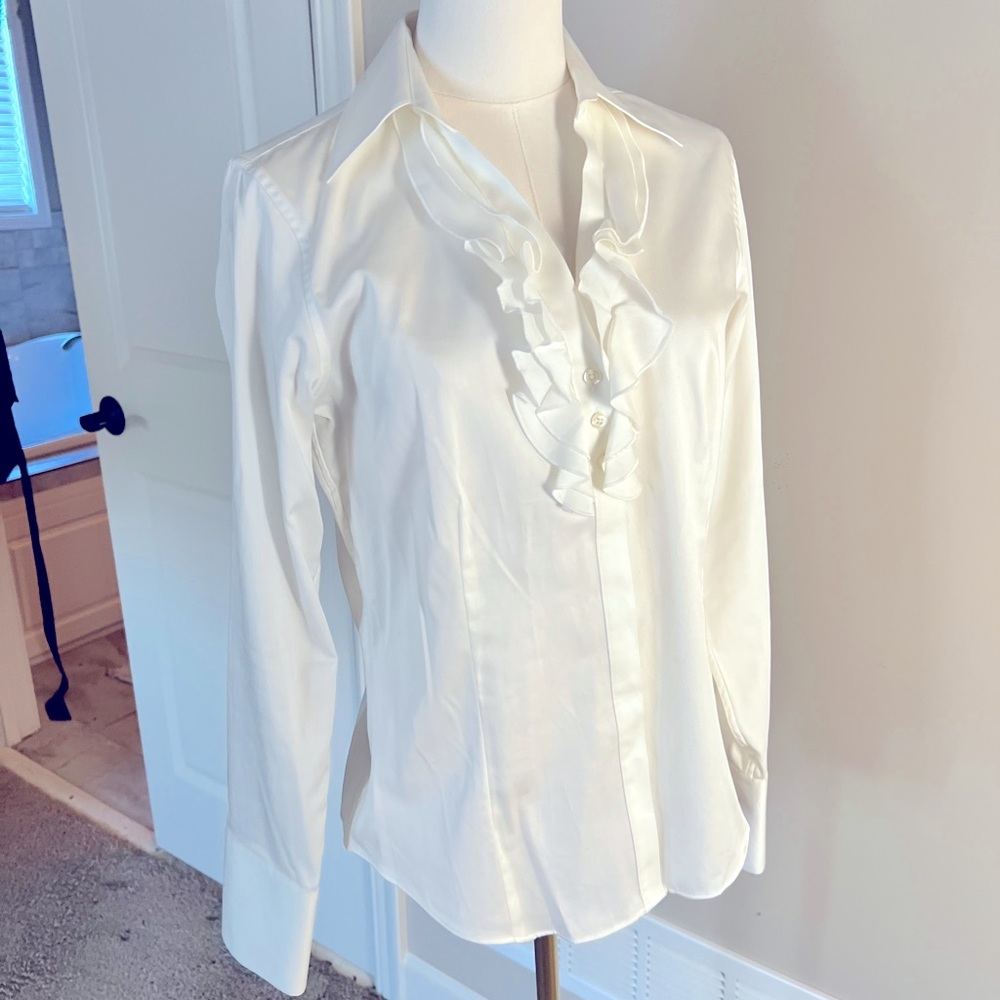 Women’s white button down suit shirt with ruffled neck. Brooksbrother size 6